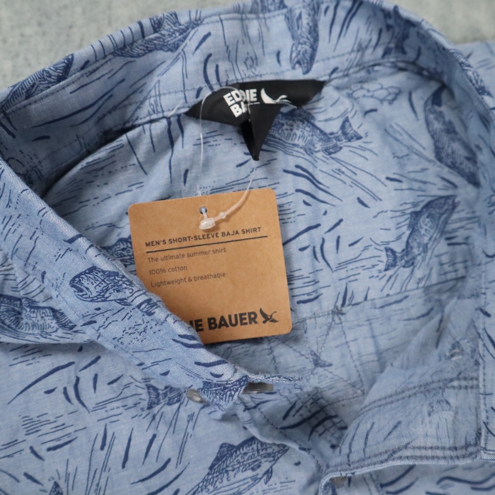 Eddie Bauer Baja Shirt Mens XL Blue Denblue Fish Print Cotton Fishing Gorpcore - Picture 4 of 6